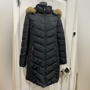 Tommy Hilfiger Black Puffer chevron Jacket with Tan Fur Trim